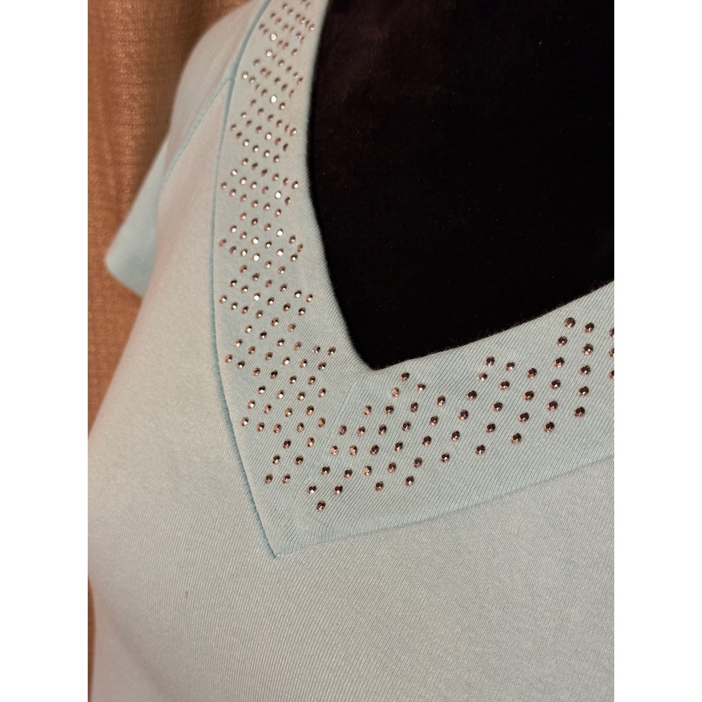 Westport 1962 Women 1X Light Blue Good Rhinestone V-Neck Short Sleeve Top